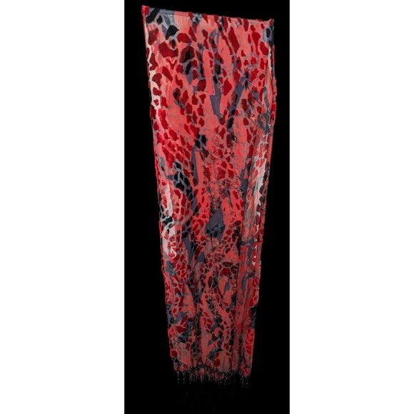 Gothic Red And Black Abstract Velvet Burnout Beaded Fringe Scarf - Picture 2 of 8